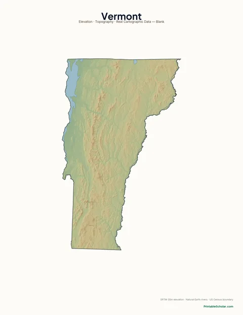 Vermont blank physical map — same topographic relief, no labels, for label-it-yourself geography exercises