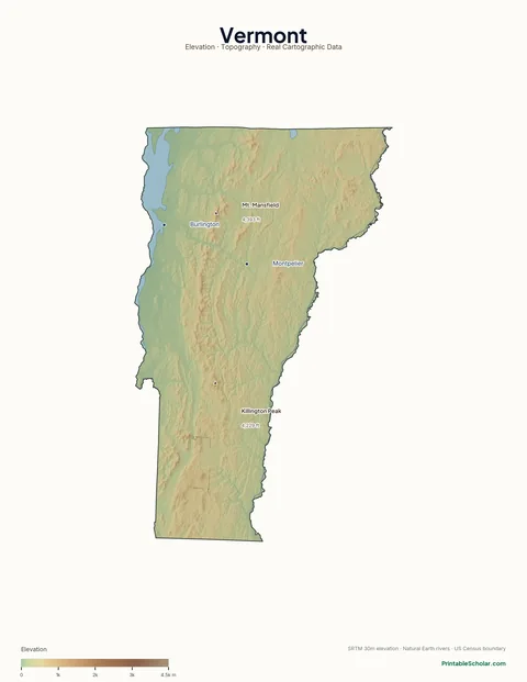 Vermont physical map labeled — showing the Green Mountains, the Champlain Valley, and the Northeast Kingdom, with peak elevations and major cities marked
