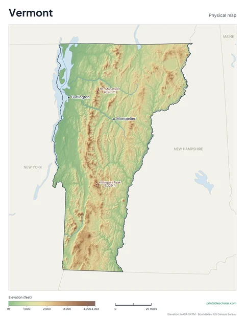 Vermont physical map, labeled: the Green Mountains, the Champlain Valley, and the Northeast Kingdom, with the capital, cities and highest point marked