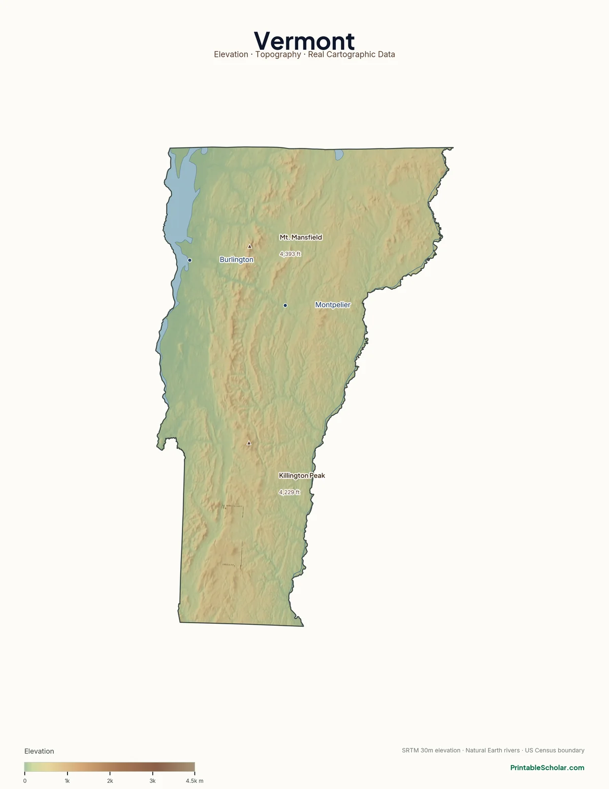 Vermont physical map showing the Green Mountains, the Champlain Valley, and the Northeast Kingdom, with major peaks and cities labeled. Topographic relief from NASA SRTM elevation data.