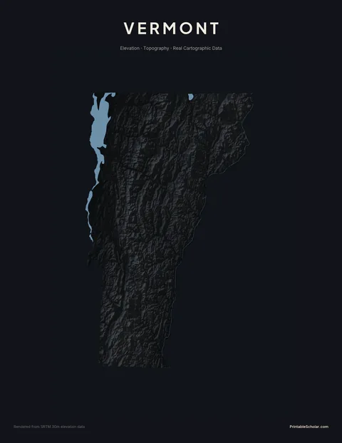 Vermont topographic relief poster — high-contrast monochrome rendering of the Green Mountains, the Champlain Valley, and the Northeast Kingdom