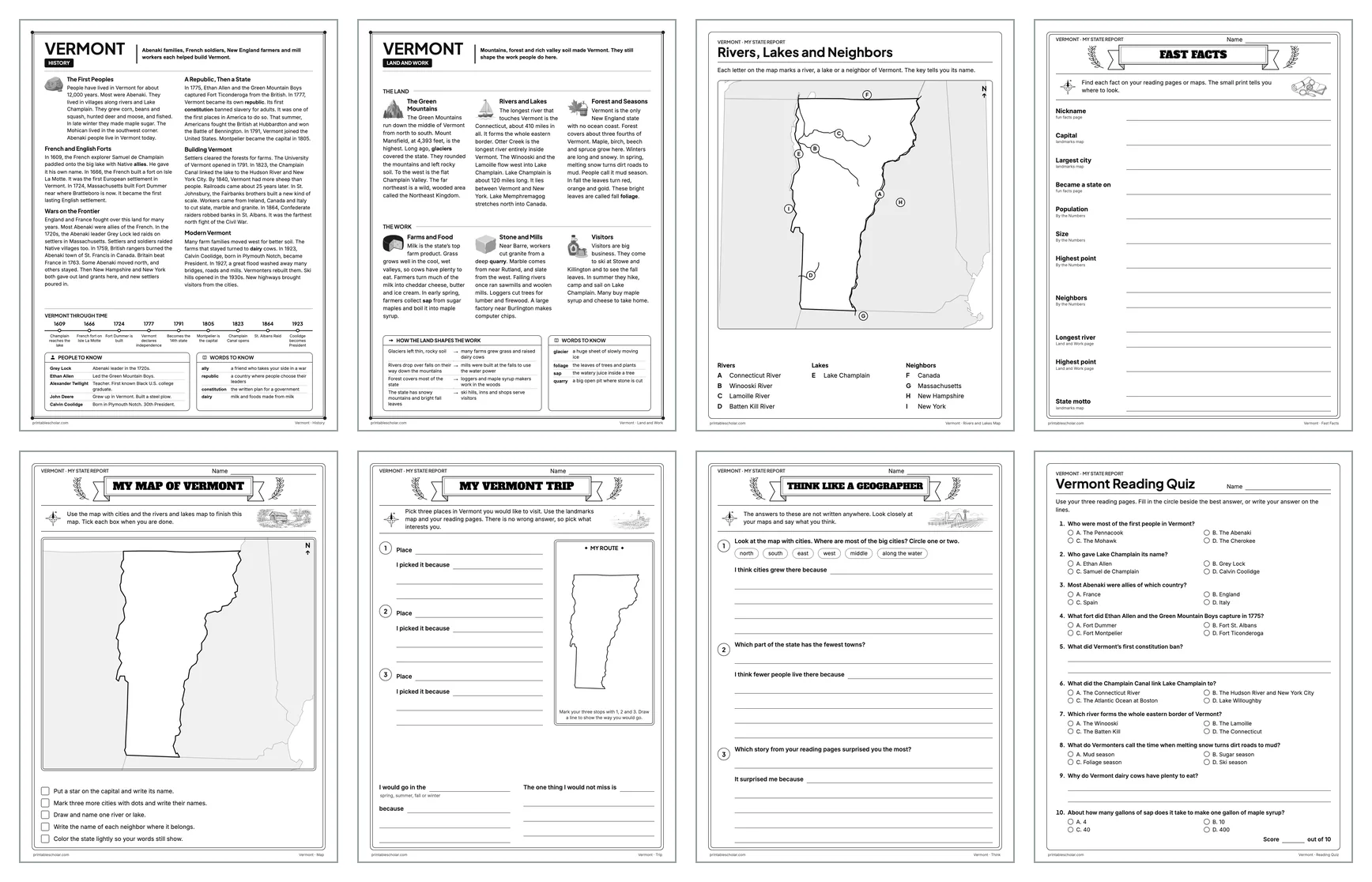 Eight pages from the Vermont State Report Kit: History, Land and Work, the rivers and lakes map, Fast Facts, My Map, My Trip, Think Like a Geographer and the reading quiz