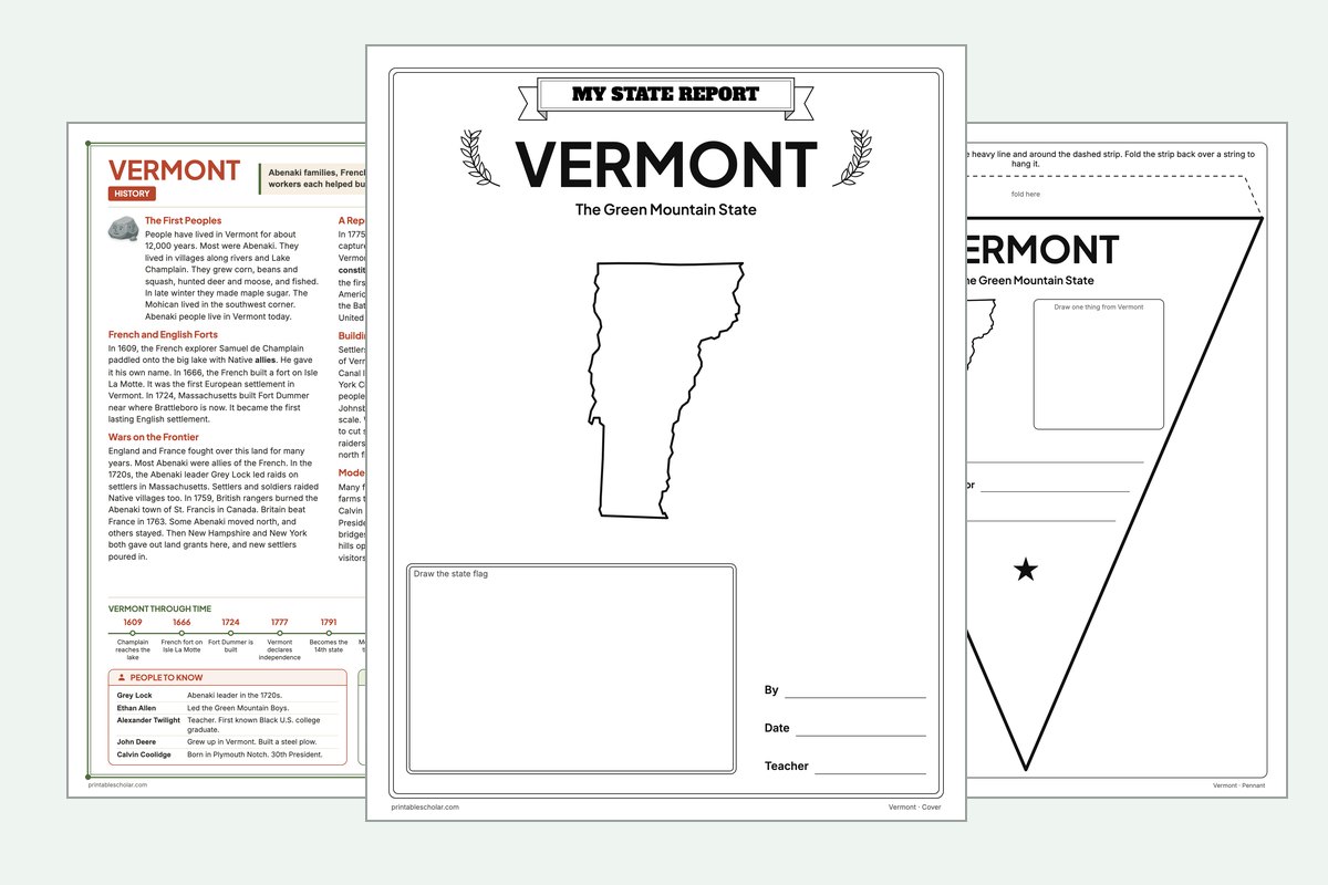 Vermont State Report Kit: the report booklet cover, the history reading page and the pennant