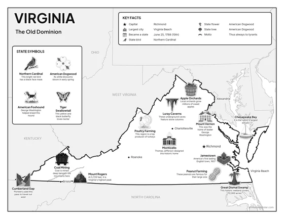 Black and white illustrated map of Virginia