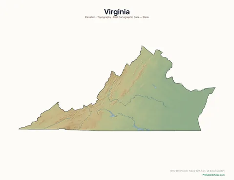 Virginia blank physical map — same topographic relief, no labels, for label-it-yourself geography exercises