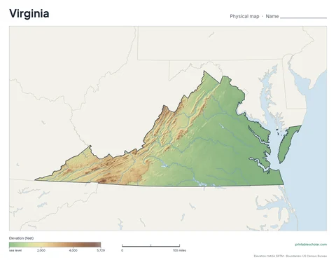 Virginia blank physical map: the same terrain with no labels, for labeling practice