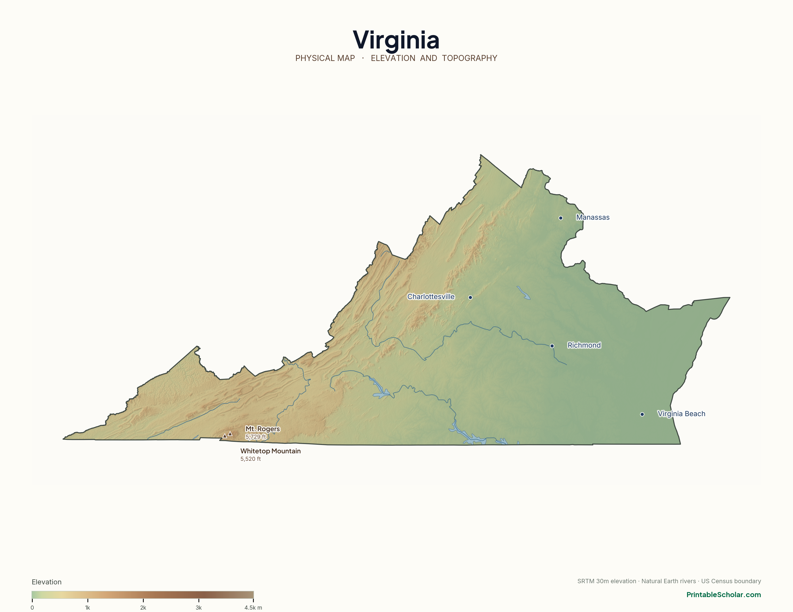 Virginia physical map with labeled peaks, cities, and rivers