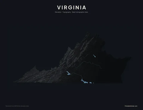 Virginia topographic relief poster — high-contrast monochrome rendering of the Blue Ridge Mountains, the Shenandoah Valley, the Piedmont, and the Tidewater