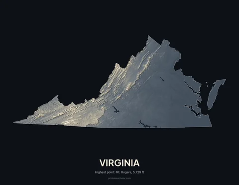 Virginia relief wall art on a dark background