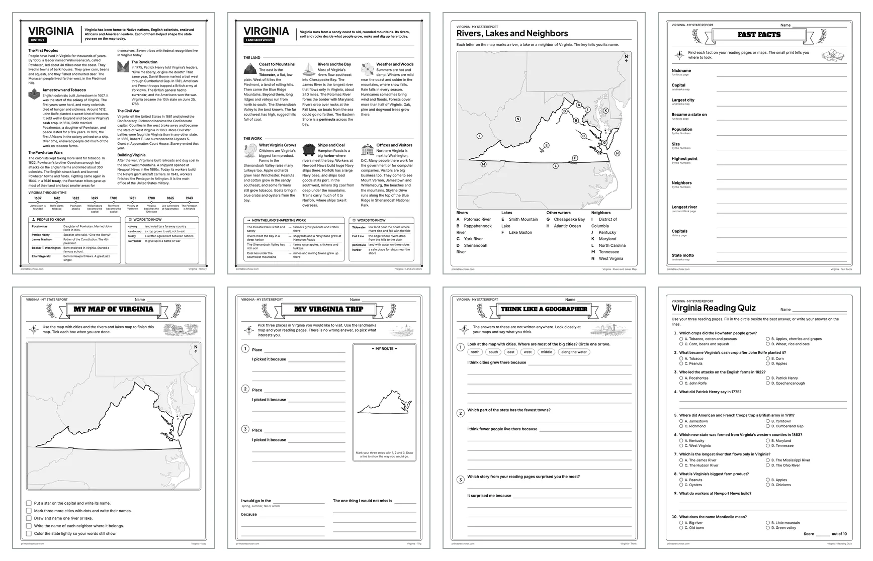 Eight pages from the Virginia State Report Kit: History, Land and Work, the rivers and lakes map, Fast Facts, My Map, My Trip, Think Like a Geographer and the reading quiz