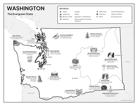 Black and white illustrated map of Washington