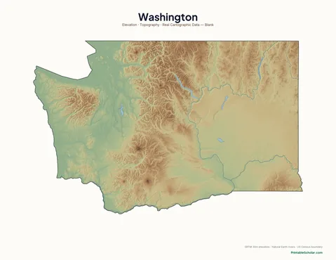 Washington blank physical map — same topographic relief, no labels, for label-it-yourself geography exercises