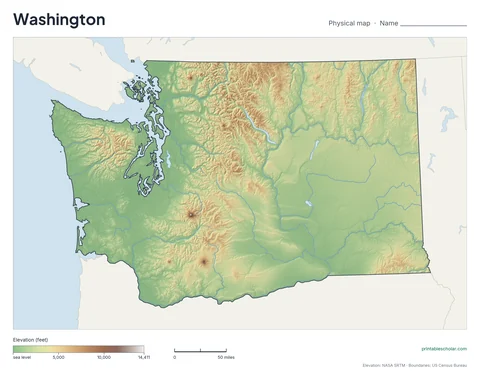 Washington blank physical map: the same terrain with no labels, for labeling practice