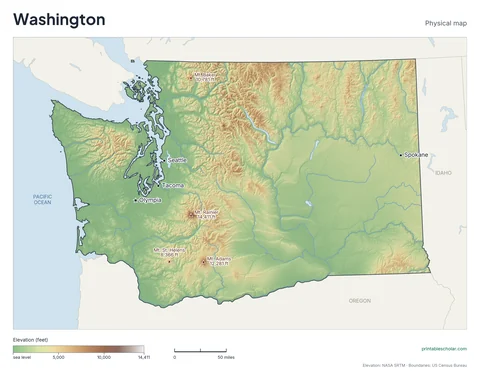 Washington physical map, labeled: the Cascade Range with Mt. Rainier, the Olympic Mountains, the Columbia Plateau, and the Puget Sound coast, with the capital, cities and highest point marked