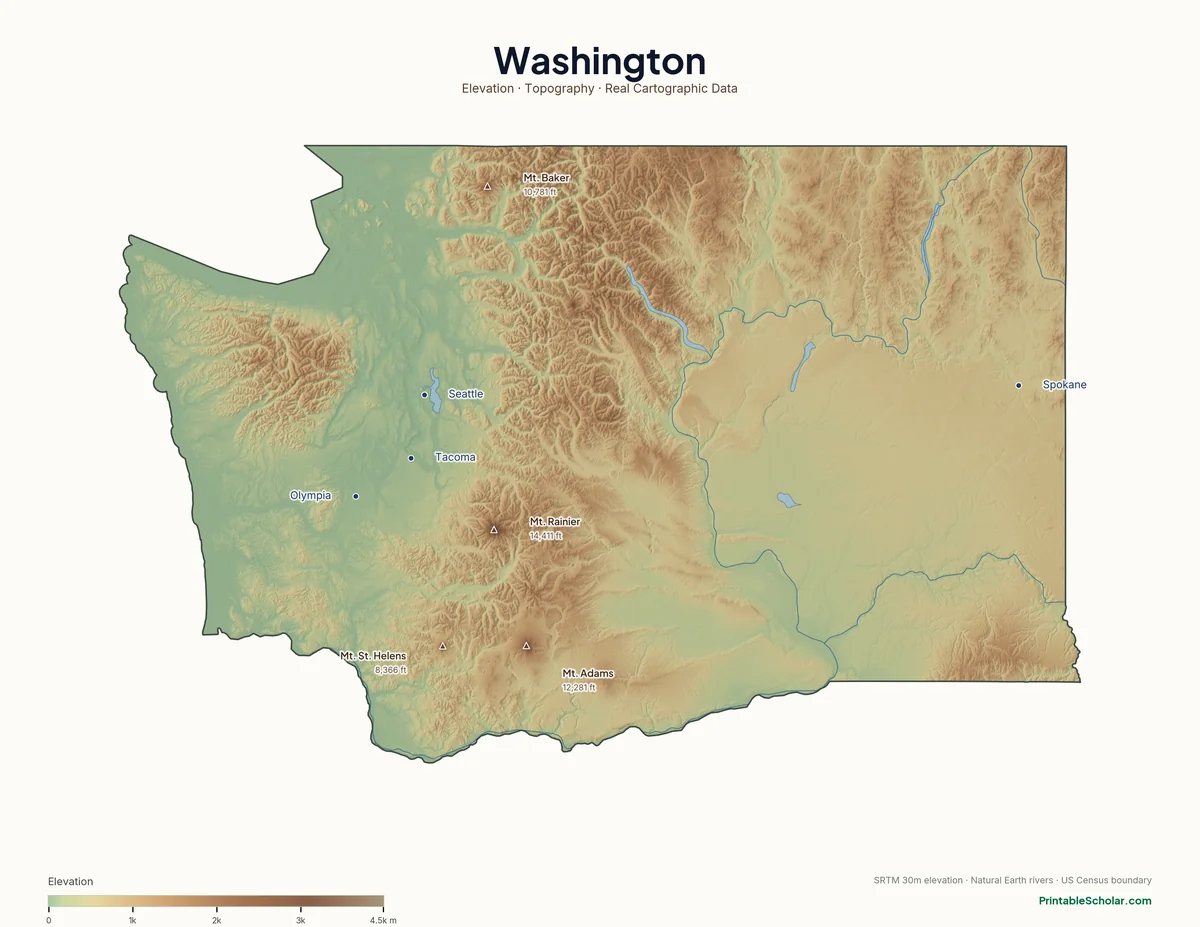 Washington physical map showing the Cascade Range with Mt. Rainier, the Olympic Mountains, the Columbia Plateau, and the Puget Sound coast, with major peaks and cities labeled. Topographic relief from NASA SRTM elevation data.