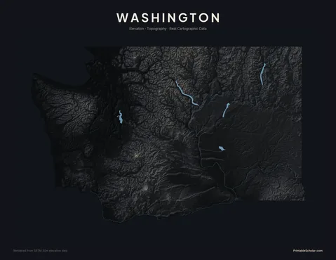 Washington topographic relief poster — high-contrast monochrome rendering of the Cascade Range with Mt. Rainier, the Olympic Mountains, the Columbia Plateau, and the Puget Sound coast