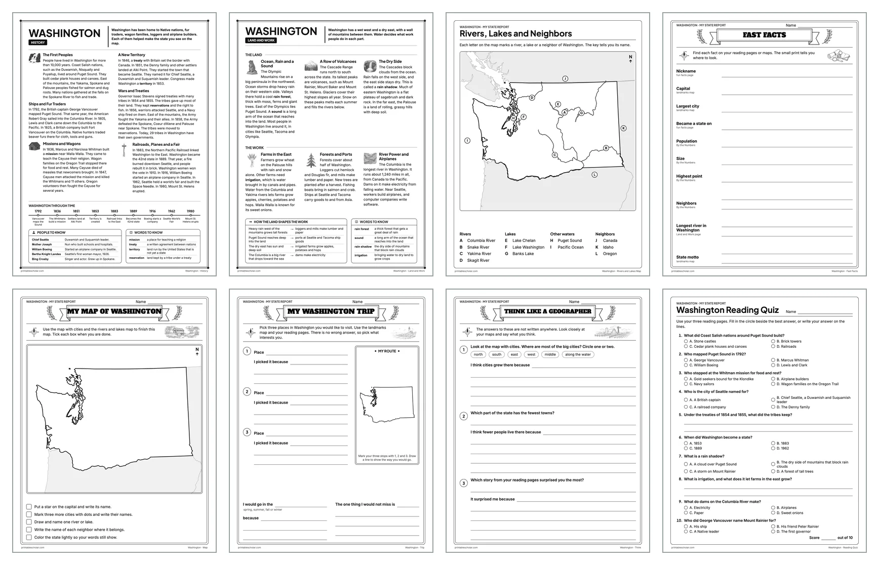 Eight pages from the Washington State Report Kit: History, Land and Work, the rivers and lakes map, Fast Facts, My Map, My Trip, Think Like a Geographer and the reading quiz