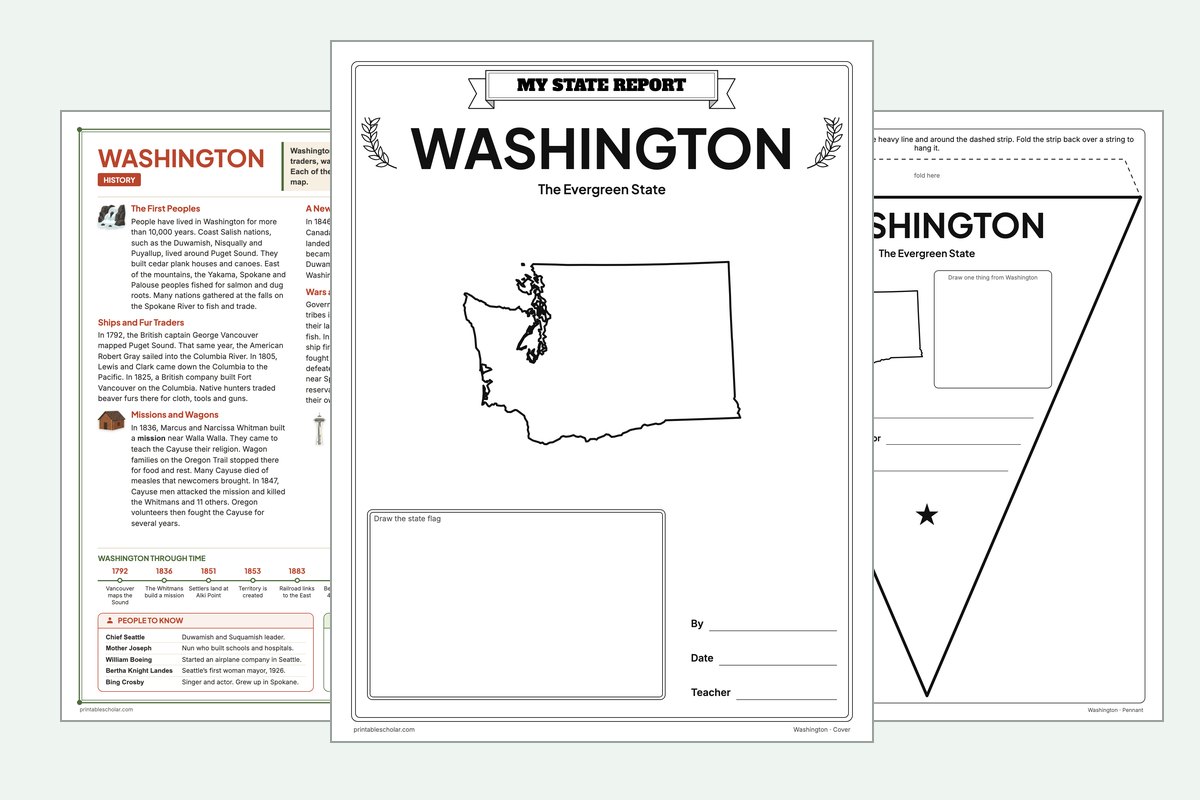 Washington State Report Kit: the report booklet cover, the history reading page and the pennant