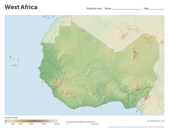 West Africa map: physical, blank