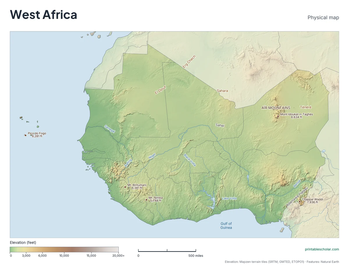 Physical map of West Africa with mountains, rivers and seas labeled
