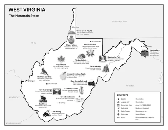Black and white illustrated map of West Virginia