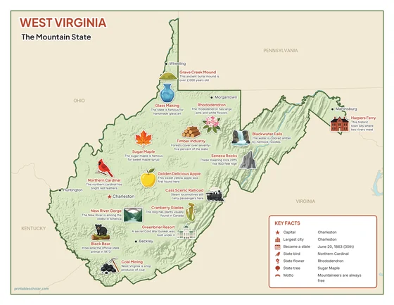 Illustrated map of West Virginia in color