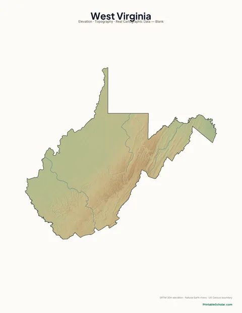 West Virginia blank physical map — same topographic relief, no labels, for label-it-yourself geography exercises