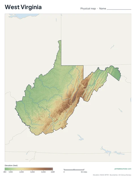 West Virginia blank physical map: the same terrain with no labels, for labeling practice