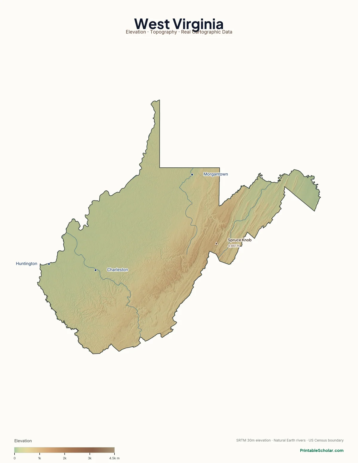 West Virginia physical map showing the Allegheny Mountains, the Appalachian Plateau, and the New River Gorge, with major peaks and cities labeled. Topographic relief from NASA SRTM elevation data.