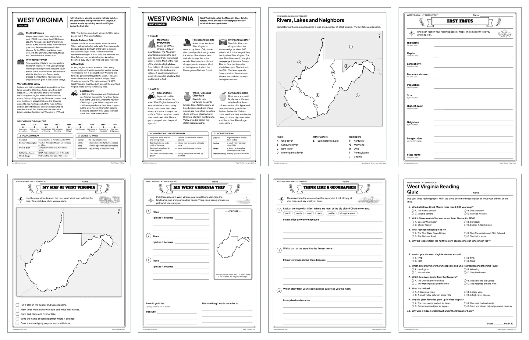 Eight pages from the West Virginia State Report Kit: History, Land and Work, the rivers and lakes map, Fast Facts, My Map, My Trip, Think Like a Geographer and the reading quiz