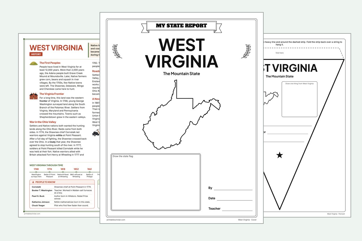 West Virginia State Report Kit: the report booklet cover, the history reading page and the pennant