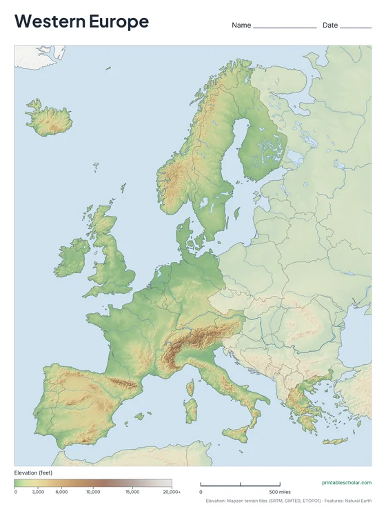 Western Europe map: physical, blank