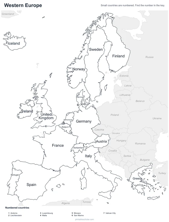 Western Europe map: labeled