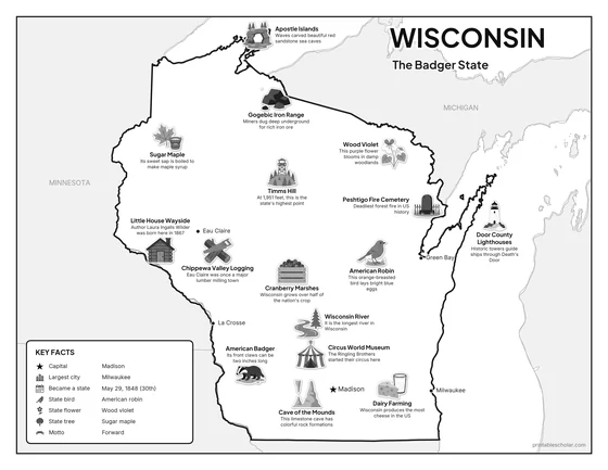 Black and white illustrated map of Wisconsin