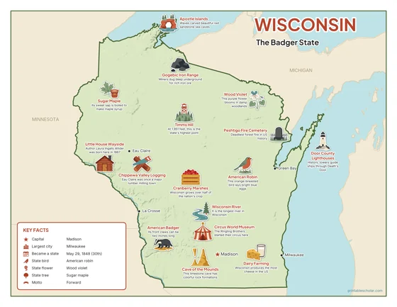 Illustrated map of Wisconsin in color