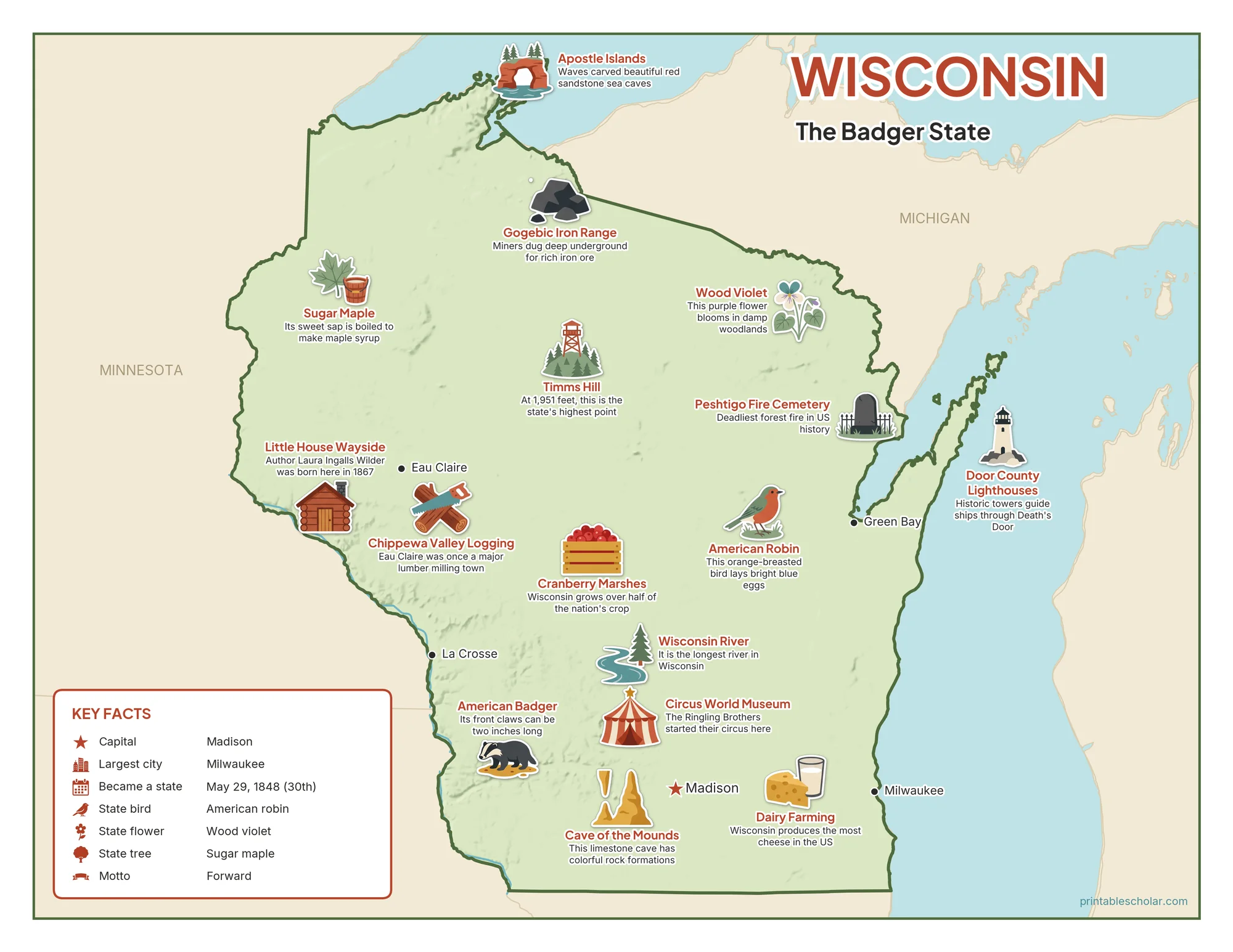 Illustrated map of Wisconsin with landmarks, industries and state symbols