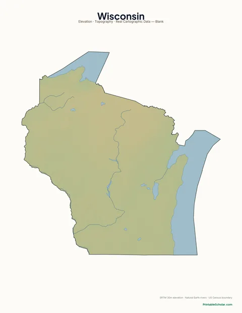 Wisconsin blank physical map — same topographic relief, no labels, for label-it-yourself geography exercises