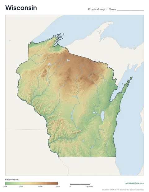 Wisconsin blank physical map: the same terrain with no labels, for labeling practice