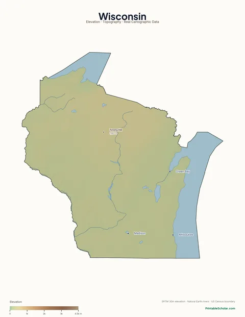 Wisconsin physical map labeled — showing the Driftless Area, the Door Peninsula, the Northern Highland, and the Central Plain, with peak elevations and major cities marked