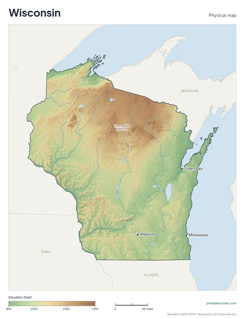 Wisconsin physical map, labeled: the Driftless Area, the Door Peninsula, the Northern Highland, and the Central Plain, with the capital, cities and highest point marked