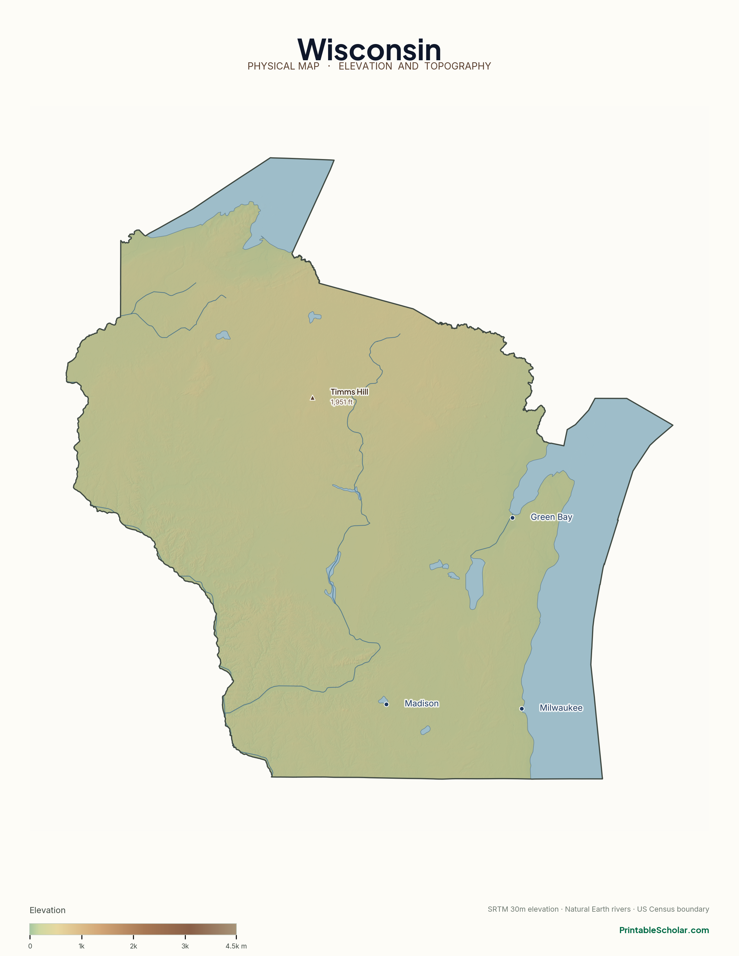 Wisconsin physical map with labeled peaks, cities, and rivers