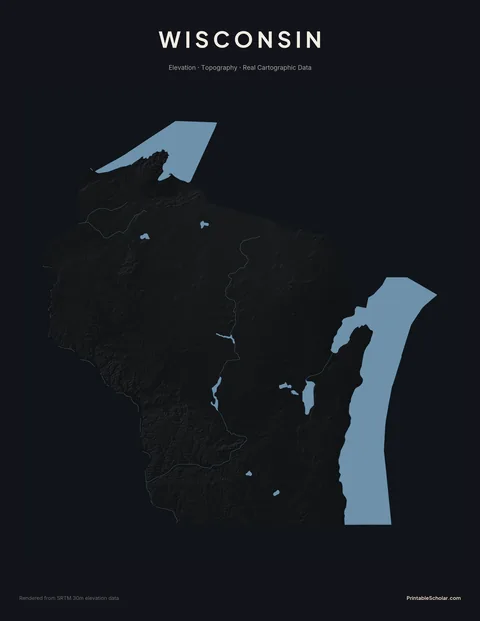 Wisconsin topographic relief poster — high-contrast monochrome rendering of the Driftless Area, the Door Peninsula, the Northern Highland, and the Central Plain