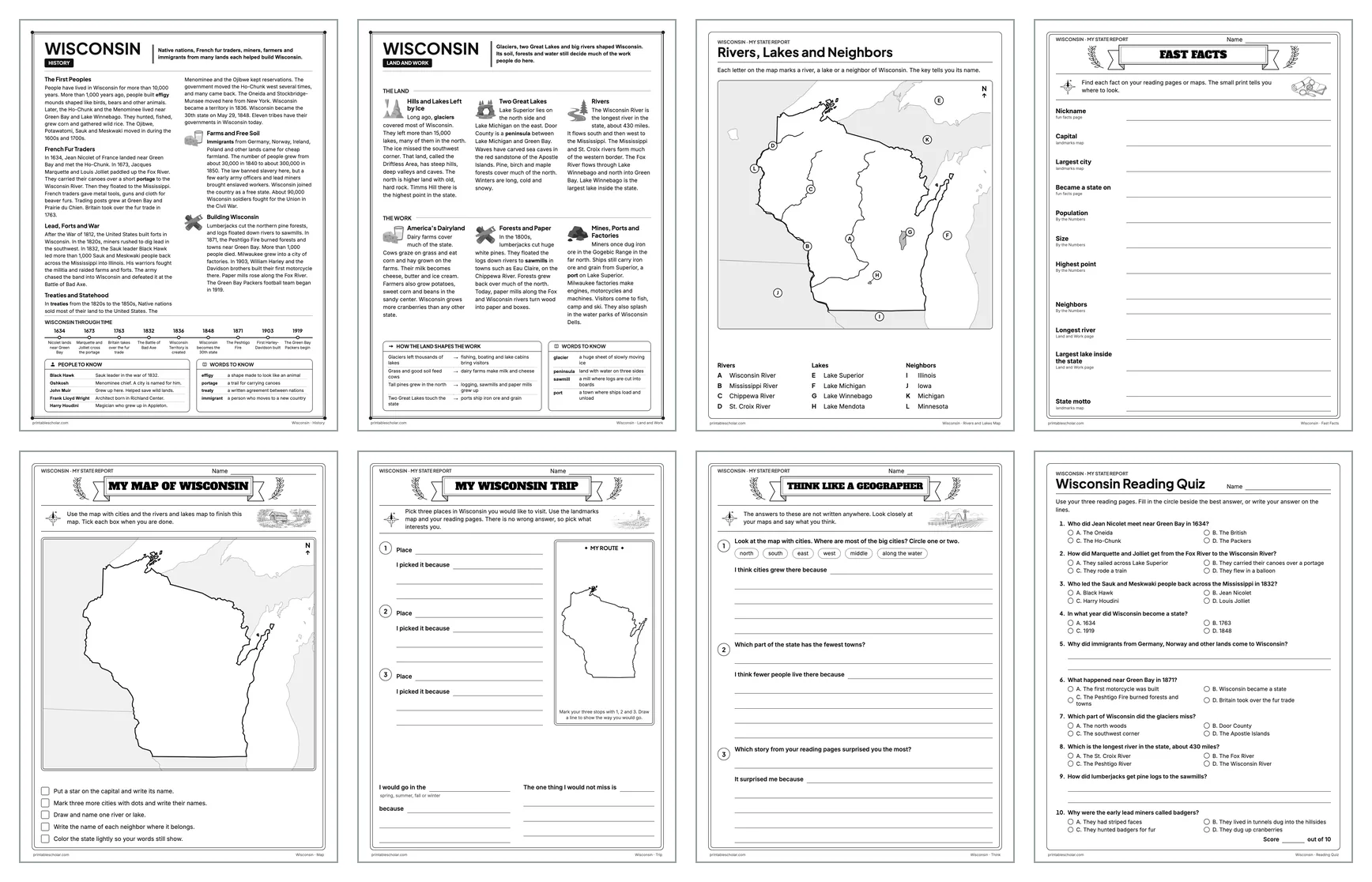 Eight pages from the Wisconsin State Report Kit: History, Land and Work, the rivers and lakes map, Fast Facts, My Map, My Trip, Think Like a Geographer and the reading quiz