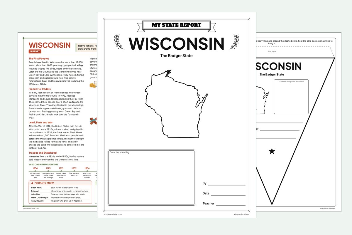 Wisconsin State Report Kit: the report booklet cover, the history reading page and the pennant