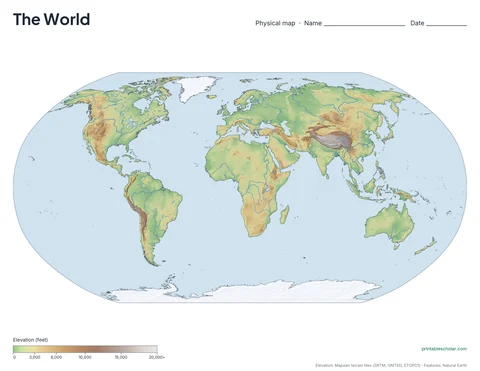 World physical map, blank, for labeling practice