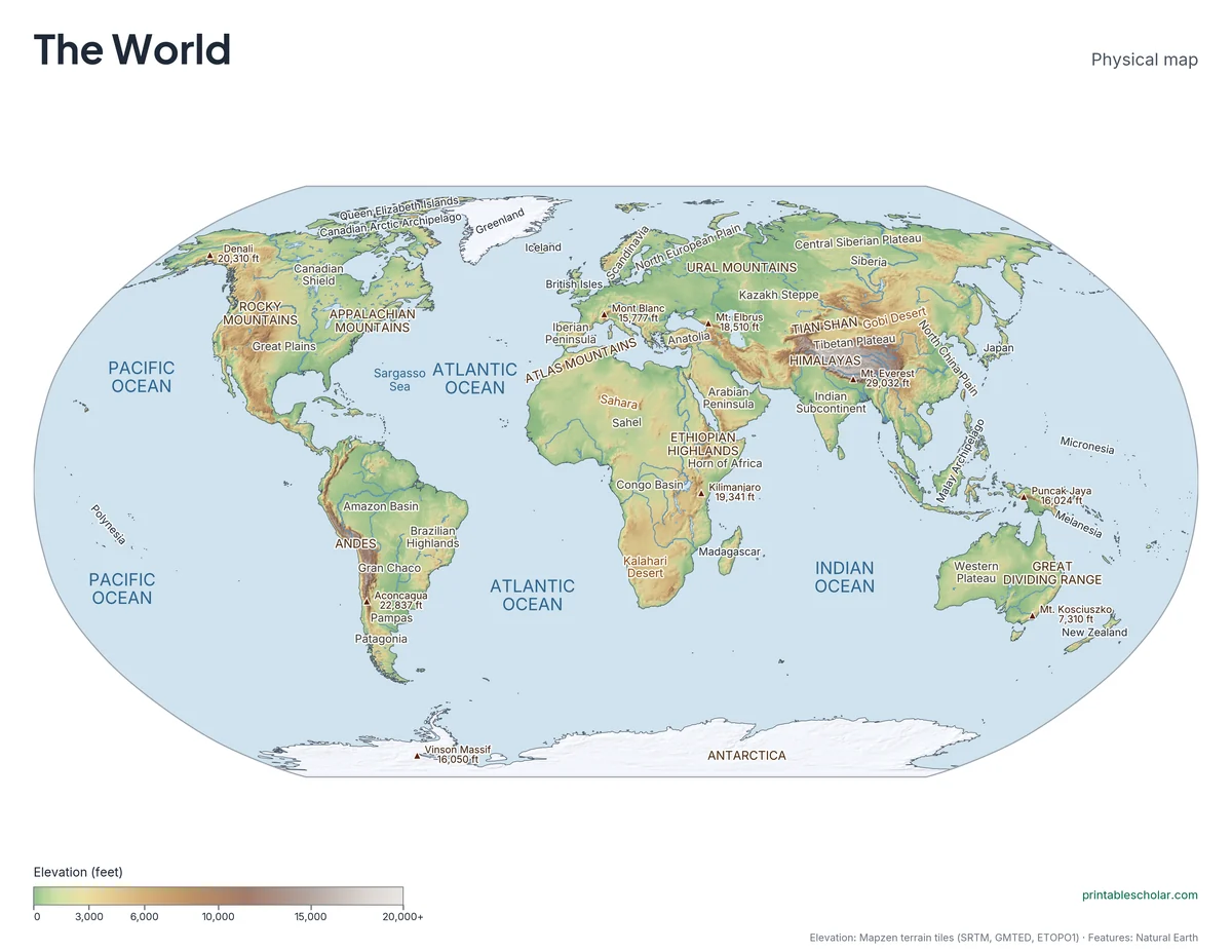Physical map of the world with mountain ranges, deserts, rivers and highest peaks labeled
