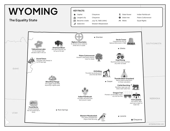 Black and white illustrated map of Wyoming