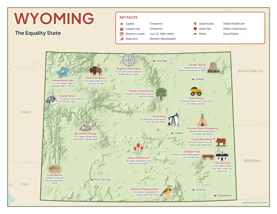 Illustrated map of Wyoming in color