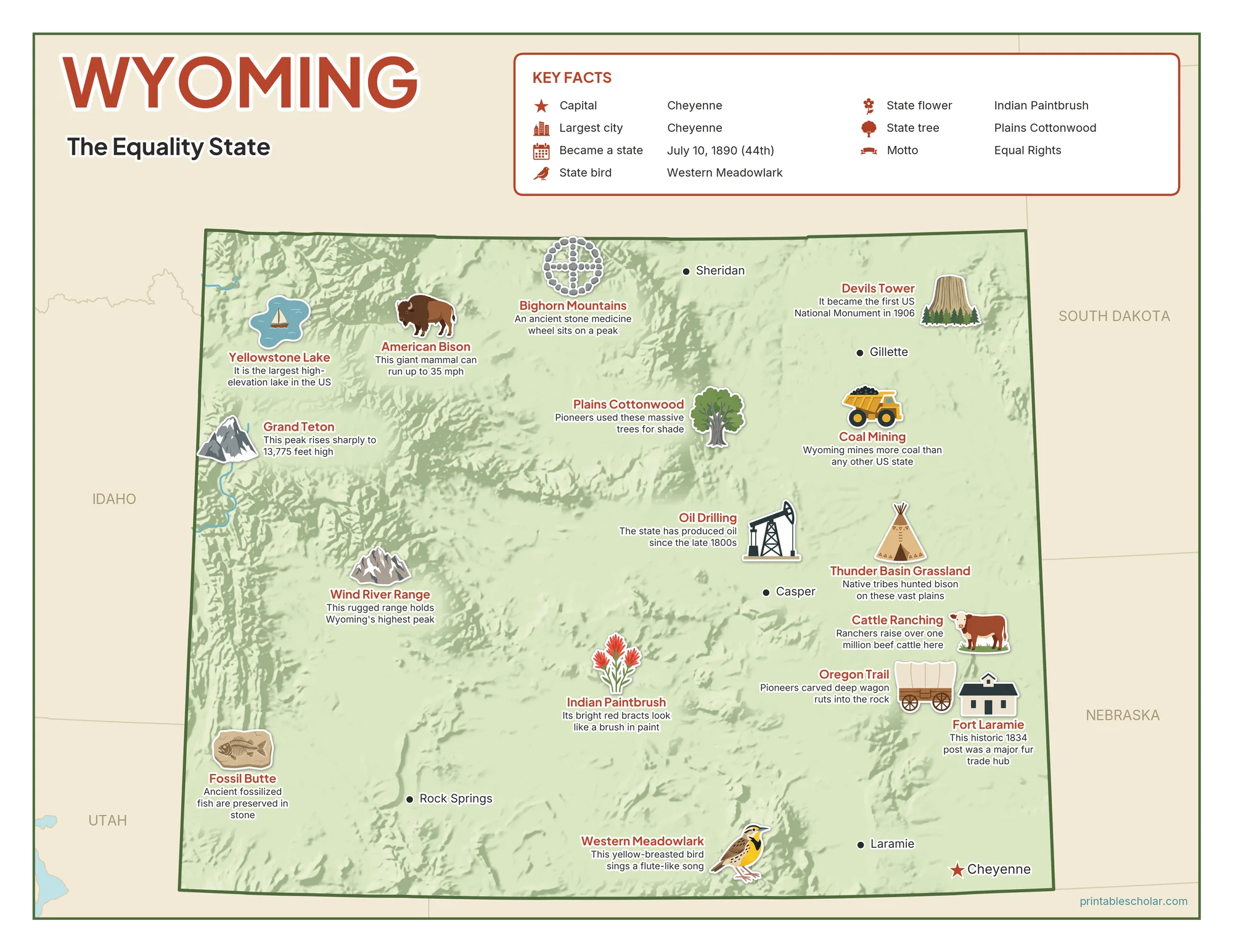 Illustrated map of Wyoming with landmarks, industries and state symbols