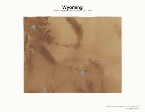 Wyoming blank physical map — same topographic relief, no labels, for label-it-yourself geography exercises